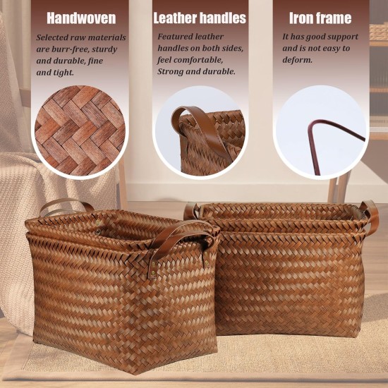 BROWNLILY Handwoven Clothes Basket Laundry Hampers Large Wicker Storage Baskets for Shelves Blankets Closet Storage Bins Car Bedroom Bathroom Organizers and Storage Bath (Pack of 4, Brown)