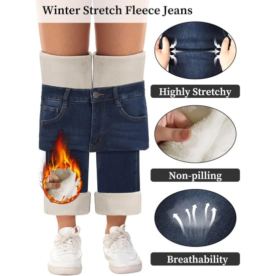 KDF Women's Fleece Lined Jeans Women Straight Leg Winter Fleece Lined Pants High Waist Lined Jeans Heated Wide Leg Jeans