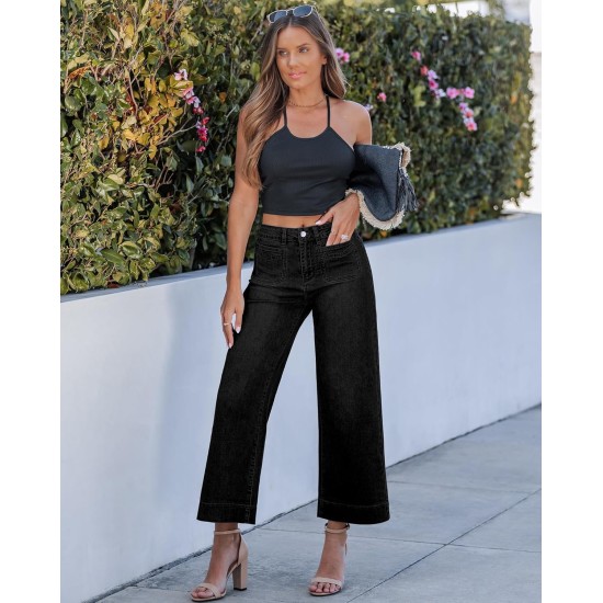 GRAPENT Cropped Jeans for Women Trendy 2026 Wide Leg High Waisted Patch Pocket Stretchy Denim Pants Short Trouser Jeans