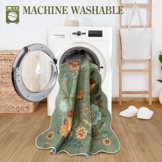 Lahome Floral Runners for Hallways, 2X6 Kitchen Runner Rug Ultra-Thin Soft, Non-Slip Hallway Rug Stain Resistant Boho Low-Pile Carpet for ‎Laundry Bathroom Bedroom Flore (2x6ft,Green)