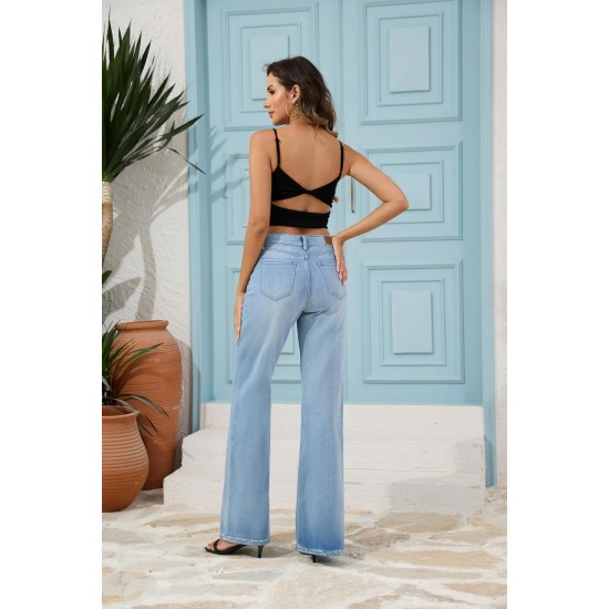 FLYING BANANA Women's High Rise Wide Leg Baggy Stretchy Loose Flare Bell Bottom Denim Jeans