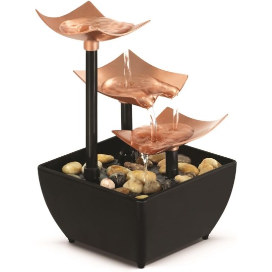 Homedics Golden Dew Relaxation Tabletop Water Fountain with 3 Tiers, Natural River Rocks, and a Quiet Pump for Soothing Zen Ambiance in Your Home or for Office Décor, Powered by 2 AA Batteries