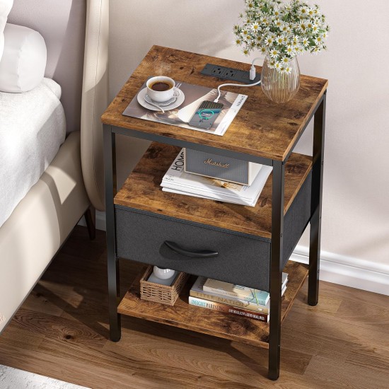 SUPERJARE Nightstand with Charging Station, Bed Side Table with Adjustable Fabric Drawer, Night Stand for Bedroom, 3-Tier Storage End Table, for Living Room, Rustic Brown and Black SUPERJARE Nightstand with Charging Station, Bed Side Table with Adjustable Fabric Drawer, Night Stand for Bedroom, 3-Tier Storage End Table, for Living Room, Rustic Brown and Black