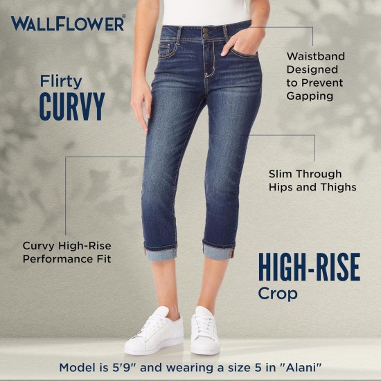 WallFlower Women's Flirty Curvy Crop Jeans High Rise Insta Stretch Denim 23.5-Inch Inseam, Sizes 0 - 24