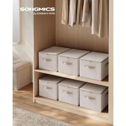 SONGMICS Foldable Storage Organizer Boxes, Set of 3 Storage Basket Bins with Lids, Handles, Clothes Organizer, 15.7 x 11.8 x 9.8 Inches, Non-Woven Fabric, Summer Sand URZB003K01