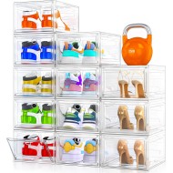 12 Pack Clear Shoe Storage Organizer with Magnetic Door,Stackable Plastic Shoe Boxes for Sneakers,Boots,and Heels,Space-Saving Foldable Shoe Rack for Closet,Durable Shoe Cabinet Organizer,White