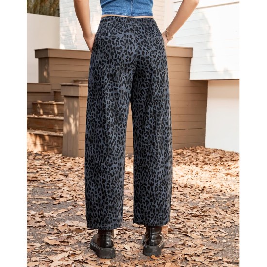 GRAPENT Barrel Jeans for Women Trendy High Waisted Pull On Wide Leg Cropped Leopard Cheetah Print Stretchy Denim Pants