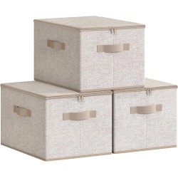 SONGMICS Foldable Storage Organizer Boxes, Set of 3 Storage Basket Bins with Lids, Handles, Clothes Organizer, 15.7 x 11.8 x 9.8 Inches, Non-Woven Fabric, Summer Sand URZB003K01