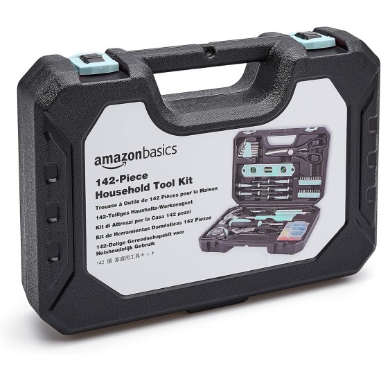 Amazon Basics 142-Piece Household Tool Kit for Home Repair, Hand Tools with Storage Case, 13.39 x 9.25 x 2.95 inch, Turquoise